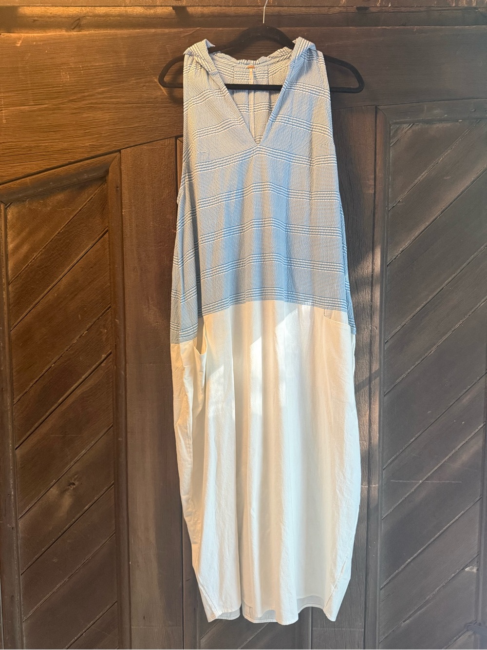 Anthropologie Blue and Cream Maxi Hoodie Dress with V-Neck